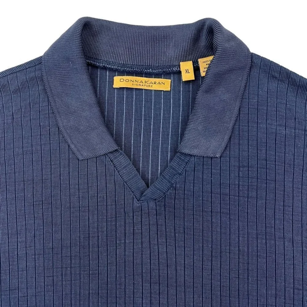 Pre-Loved Donna Karan Signature Men US XL Polo Silk V-Neck T-Shirt Navy Tee - Picture 3 of 11